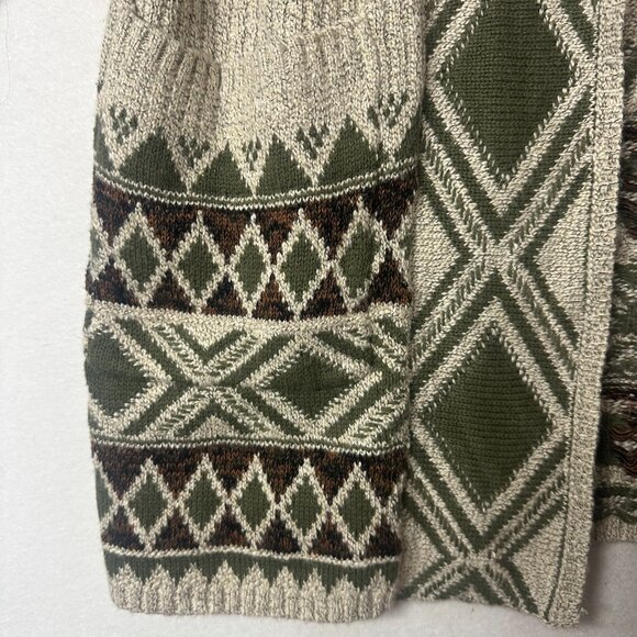 Lucky Brand Cardigan Sweater Women L Green Tan Tribal Hooded Open Front Chunky - Picture 2 of 6